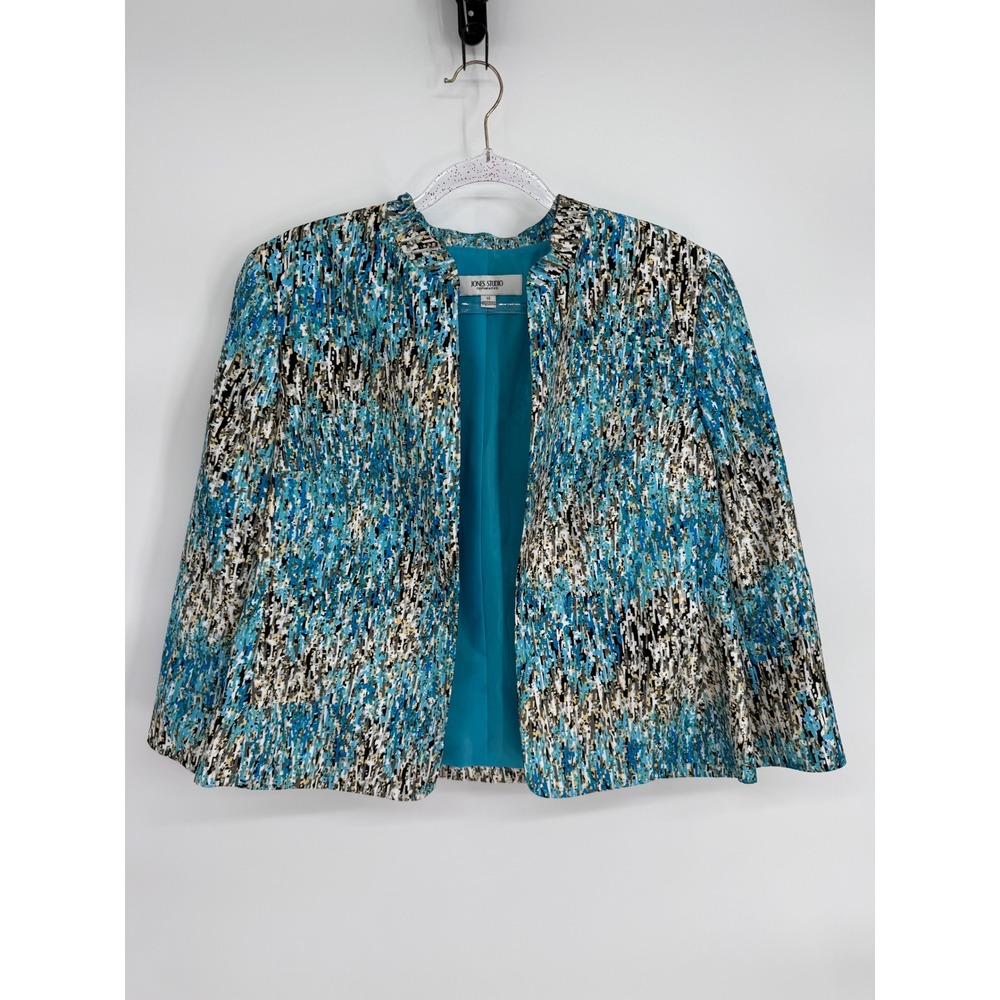 Jones Studio Separates Womens Blue Abstract Print Open Front Blazer Jacket Sz 14